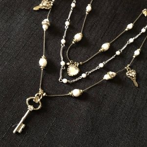 Betsey Johnson Gold Tone Layered Key & Pearl Charm Necklace